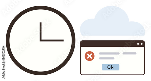 Analog clock beside error message window with cloud backdrop, highlighting themes of time, failure, deadlines, technology, data storage, troubleshooting, and productivity. Ideal for simple flat