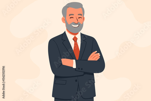 Happy mature businessman with folded arms. Confident senior executive boss in a suit. Successful business leader portrait. Modern flat vector cartoon character isolated illustration.