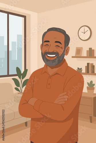 Happy mature Indian man smiling with crossed arms at home. Cheerful senior businessman or grandfather character standing in a modern living room. Vector flat cartoon illustration.