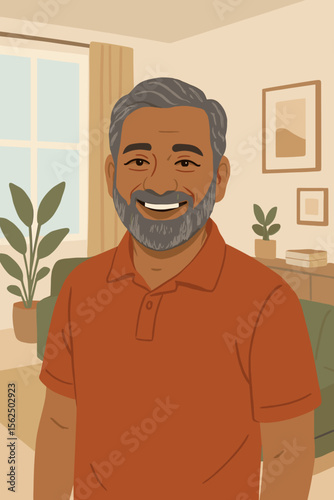 Happy mature Indian man with beard smiling at home. Cheerful senior South Asian male character portrait in living room. Positive grandfather vector flat cartoon illustration.