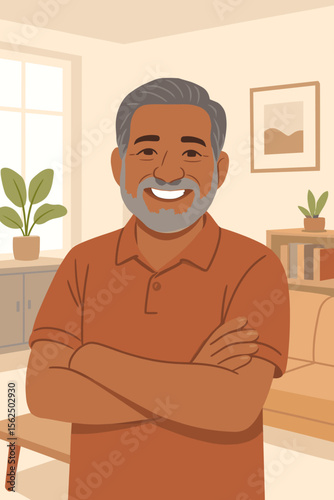 Happy mature Indian man smiling at home. Confident senior gentleman with arms crossed. Positive grandfather portrait in a living room. Modern flat vector cartoon illustration.