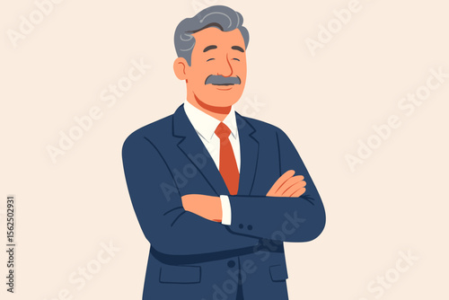 Happy mature businessman standing with folded arms. Confident senior successful man character portrait. Older manager, boss or CEO in a suit. Modern flat vector cartoon illustration.