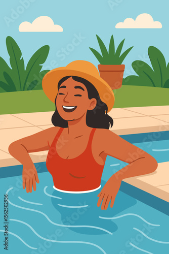 Happy young woman floating on an inflatable ring in a swimming pool. Summer vacation, leisure and relaxation concept. Girl sunbathing on holiday. Modern flat cartoon vector illustration.