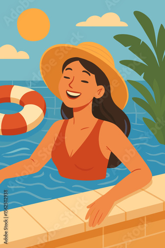 Happy woman in hat relaxing in swimming pool. Summer vacation lifestyle concept. Girl enjoying sun at resort. Modern flat vector cartoon illustration for travel or leisure.
