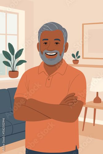 Happy mature Indian man with a grey beard smiling at home. Confident senior citizen with arms crossed in his living room. Retirement lifestyle concept. Flat vector illustration.