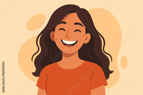 Happy young woman smiling portrait. Cheerful female face with positive emotion. Modern flat vector cartoon character illustration. Concept of joy, happiness, and mental health.