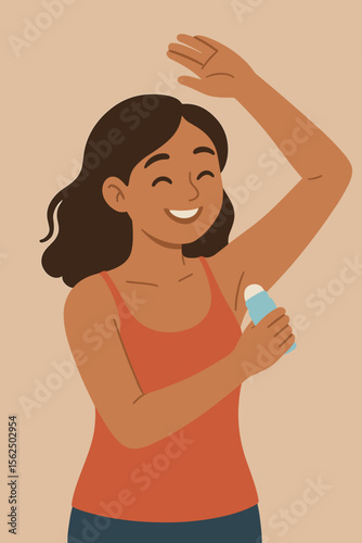 Happy young woman applying roll-on deodorant. Personal hygiene and body care concept. Smiling female character using antiperspirant for armpit freshness. Daily beauty routine.