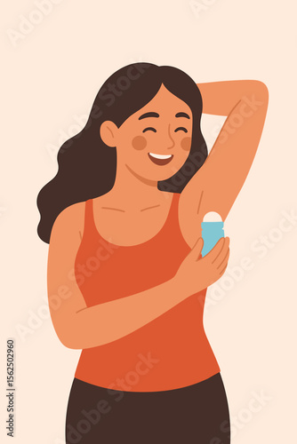 Smiling young woman applying roll-on deodorant. Personal hygiene and beauty routine concept. Female character using antiperspirant for underarm care. Modern flat vector cartoon illustration.
