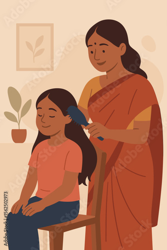 Indian mother in a sari brushing her daughter's long hair. Loving mom caring for her child. Family bonding and daily routine at home. Motherhood and parenting concept vector.