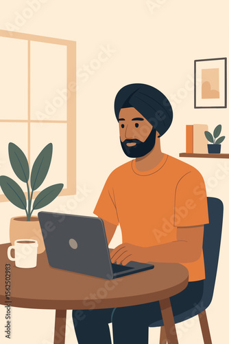 Indian Sikh man working from home on a laptop. Modern flat vector cartoon illustration of a freelancer or student studying online. Cozy home office interior diversity concept.