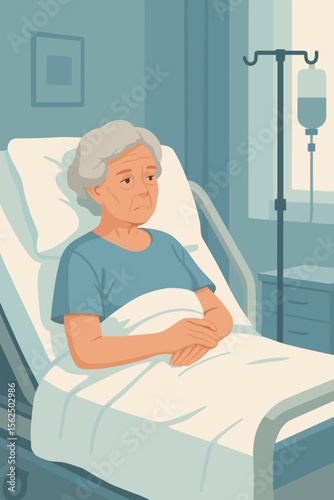 Sad elderly woman sitting in a hospital bed with an IV drip. Lonely senior patient feeling sick and depressed. Concept of aging, healthcare, loneliness, nursing home. Vector.