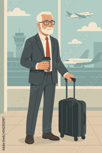 Senior businessman with suitcase and coffee at the airport. Mature male traveler waiting for departure in terminal lounge. Business trip, corporate travel concept. Flat vector illustration.
