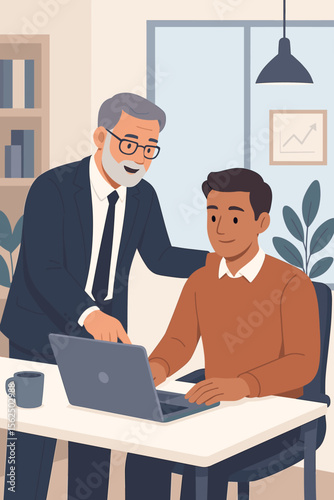 Mentorship in the workplace concept. Experienced senior manager training a new young employee at the laptop. Corporate onboarding, business coaching, support and professional development.