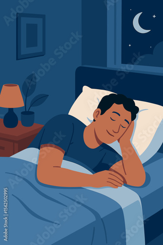 Man sleeping peacefully in bed at night. Young person resting in a cozy bedroom under a blanket. Concept of healthy sleep, relaxation, comfort, and sweet dreams. Vector illustration.