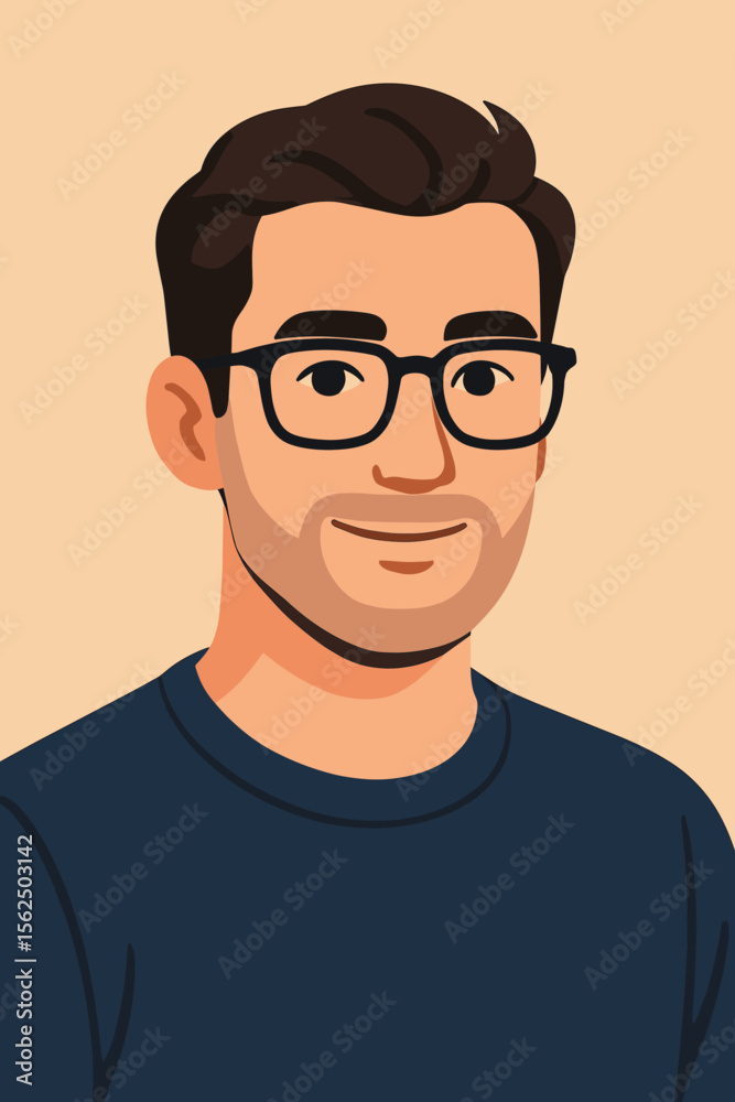 Fototapeta premium Modern flat vector cartoon illustration of young man with dark hair wearing eyeglasses and casual navy shirt, minimalist male portrait avatar, stylish graphic design for profile or social media