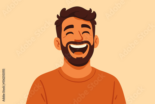 Modern flat vector cartoon illustration of young man with dark hair in casual orange shirt, minimalist style, character avatar, male portrait, blank background, professional profile concept