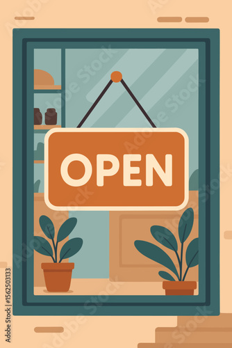 Open sign on a shop glass door. Small business, local store, or cafe is open. Modern flat vector illustration of a storefront facade. Welcome to the restaurant. Commerce concept.