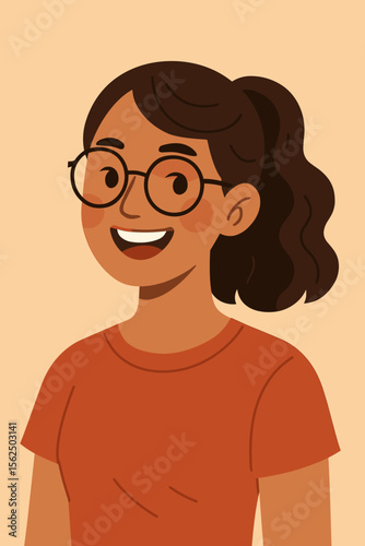 Modern flat vector illustration of young woman with dark hair in ponytail, wearing glasses and orange t-shirt. Minimalist cartoon female portrait, casual style, trendy character design concept