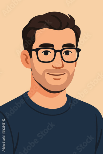 Modern flat vector cartoon illustration of young man with dark hair wearing eyeglasses and casual navy shirt, minimalist male portrait avatar, stylish graphic design for profile or social media