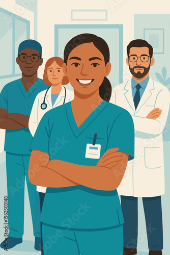 Confident multicultural medical team of doctors and nurses standing together in hospital corridor. Healthcare professionals, teamwork, leadership, diversity, modern flat vector illustration concept