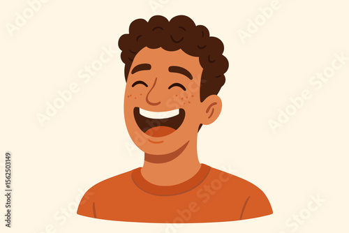 Cheerful young man laughing, smiling face, curly hair, modern flat cartoon vector portrait, positive emotion, joyful expression, happiness, friendly character illustration
