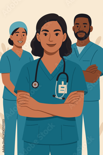 Portrait of a diverse medical team with a confident female nurse leader. Group of doctors and nurses in scrubs. Healthcare professionals staff concept. Modern flat vector cartoon.