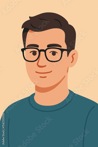 Modern flat vector illustration of a young handsome man with eyeglasses. Friendly male character portrait. Headshot avatar for social media profile, student or office worker.