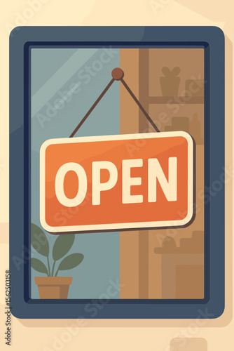 Open sign hanging on a glass door of a small business shop or cafe. Welcome to the store. Concept of opening, commerce, and retail. Modern flat vector cartoon illustration.