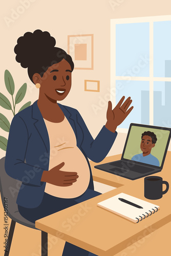 Pregnant African business woman on video call in office. Working expecting mother at desk with laptop for remote meeting. Maternity, career and modern workplace concept vector.