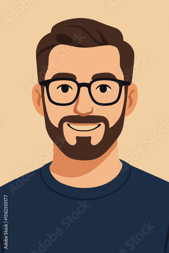 Modern flat vector illustration of a smiling young man with beard and eyeglasses. Portrait of a handsome, friendly male character. Happy casual person headshot for a profile avatar.