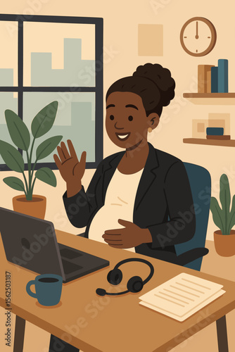 Pregnant African American businesswoman working remotely, virtual meeting in modern office, maternity at work, professional woman video conference, flat vector illustration, workplace diversity