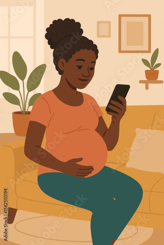 Pregnant African woman sitting on sofa at home using smartphone. Modern flat vector illustration. Maternity, prenatal care, technology, communication, cozy living room, indoor lifestyle concept