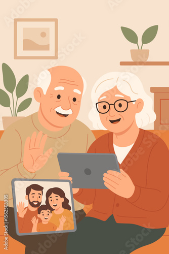 Senior couple video calling family using digital tablet, happy grandparents waving, online communication, remote connection, technology for elderly, modern home, cartoon vector illustration