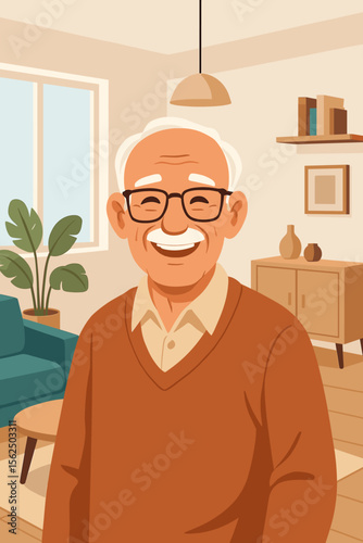 Elderly man relaxing at home, cozy living room interior, senior male in casual sweater, modern flat vector illustration, retirement lifestyle, comfortable domestic scene, peaceful atmosphere
