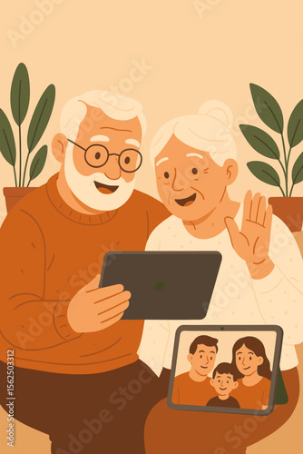 Happy senior couple using tablet for video call with family. Grandparents chatting online with children and grandson. Elderly people communication with modern technology concept.