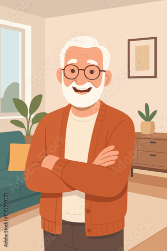 Confident senior man standing with arms crossed in cozy modern living room, elderly male character in casual cardigan, home interior, retirement lifestyle, flat cartoon vector illustration