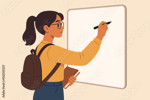 Smart student girl with glasses and backpack writing on a blank whiteboard. Young woman presenter or teacher giving a lesson. Education, school, learning concept. Modern flat vector illustration.