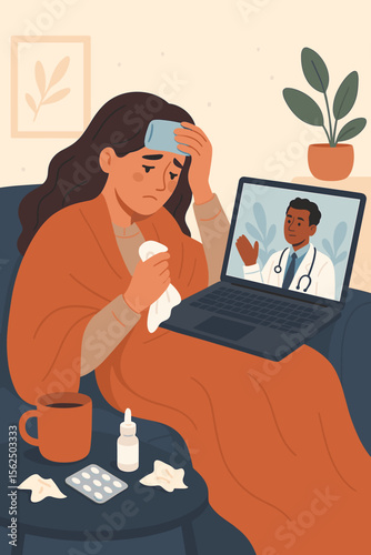 Sick woman wrapped in blanket consulting doctor online via video call, telemedicine concept with laptop, medication, tissues, hot drink, home healthcare, remote medical advice illustration
