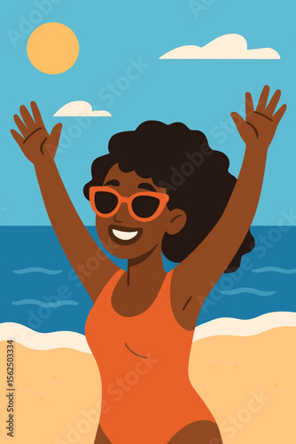 Joyful African American woman in orange swimsuit enjoying summer beach vacation, arms raised, sunny seaside, blue sky, modern flat vector cartoon illustration, happiness, relaxation, holiday fun