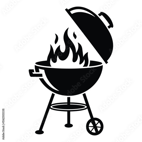 Black silhouette of a charcoal grill with flames and a wheel