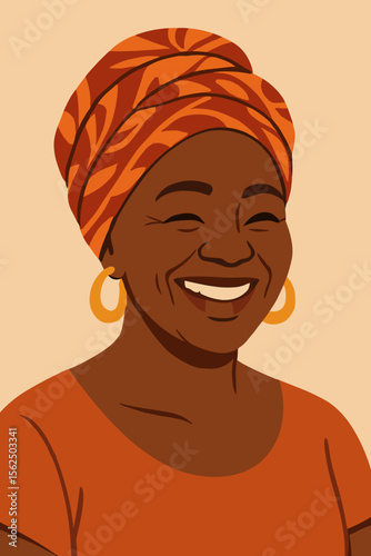 Smiling mature Black woman wearing traditional African headscarf, joyful happy face, modern flat vector cartoon illustration, cultural heritage, ethnic fashion, confident adult female