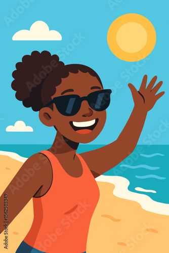 Happy young black woman enjoying summer vacation at the beach. Smiling African American girl in sunglasses waving by the sea. Modern flat vector cartoon illustration concept.
