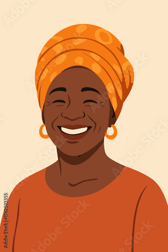 Happy senior Black woman smiling. Cheerful African grandmother in traditional orange headwrap. Modern vector character illustration. Concept for joy, diversity, and culture.