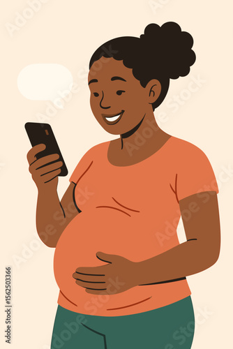 Smiling pregnant woman texting on smartphone, happy mid adult African American female, modern flat vector cartoon illustration, communication, motherhood, mobile messaging
