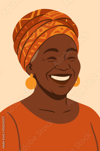Mature African woman wearing vibrant patterned headscarf and gold earrings. Traditional fashion, cultural pride. Flat vector illustration. Ethnic style, modern portrait, colorful attire.