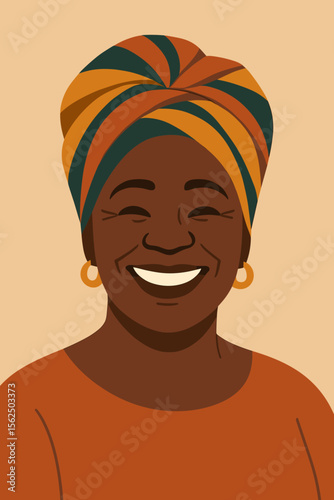 Smiling mature Black woman in traditional African headscarf. Happy senior lady portrait with joyful expression. Modern flat vector illustration for culture, diversity, and empowerment.