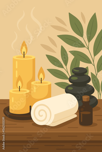 Relaxing spa setting with burning aromatic candles, rolled towel, essential oil bottle, stacked massage stones, green leaves, wellness and self-care concept, flat cartoon vector illustration