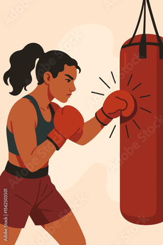 Strong female boxer punching a heavy bag. Woman fighter training workout. Concept for fitness, gym, self-defense, power, and determination. Modern vector cartoon illustration.