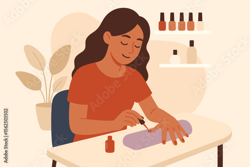 Woman applying red nail polish at home. Self-care beauty routine concept. Female character doing manicure, painting nails. Hand care and cosmetics. Modern flat vector cartoon illustration.