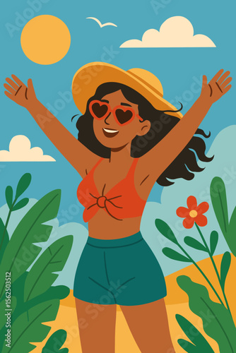 Happy woman on summer vacation enjoying the sun on a tropical beach. Joyful girl with open arms, hat, and sunglasses celebrating freedom. Travel lifestyle concept. Flat vector illustration.